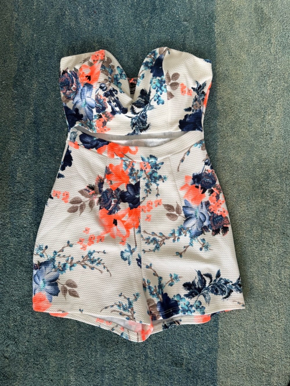 Fashion Nova White Floral Sweetheart Romper with Coral & Navy Accents